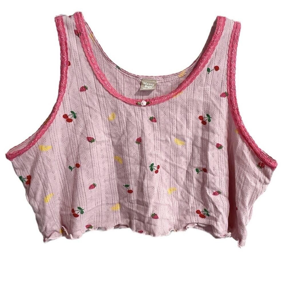 Messy Bun Just Chillin Coquette Fruit Cropped Tank Top XL Pink Rosette Retro